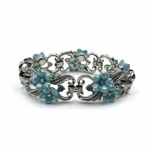 VTG Signed Star Blue Thermoset Floral & Blue Rhinestone Silver Tone Bracelet